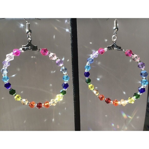 Handmade Rainbow Beaded Hoop Earrings 1.5” Pride Love Remembrance Promise - Picture 1 of 7